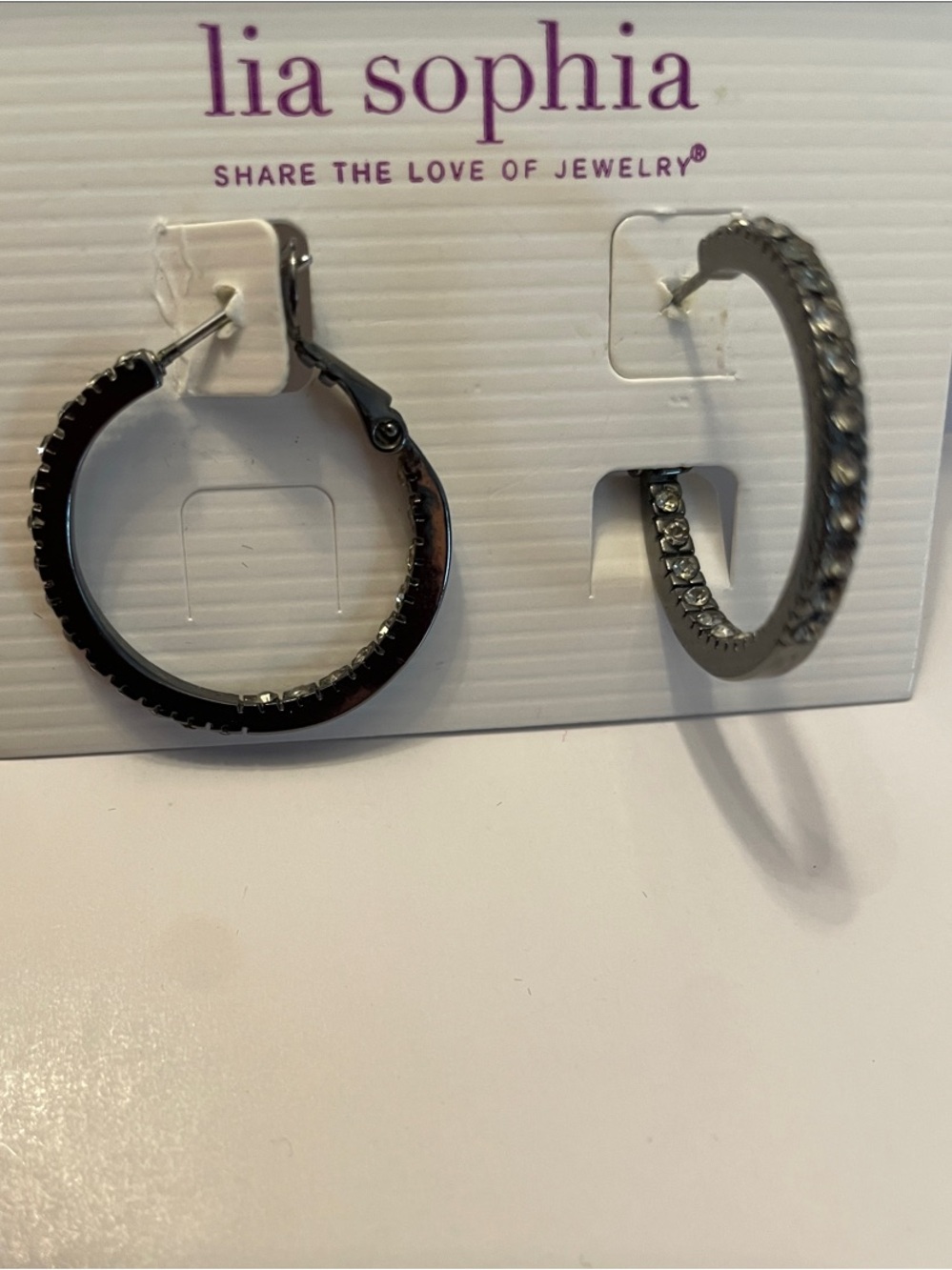 Lia Sophia Gunmetal Hoop Earrings with Clear Crystals